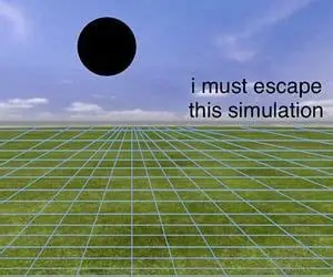 Campo com linhas quadradas por ele com uma buraco preto no fundo e frases insinunando uma simulação